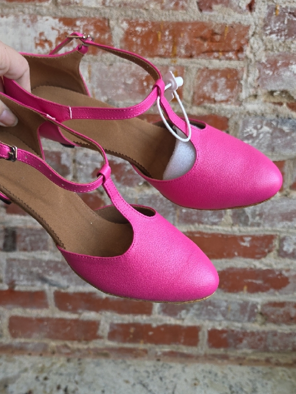 T-Strap Low Heel Pumps in Bright Pink - Picture 3 of 6